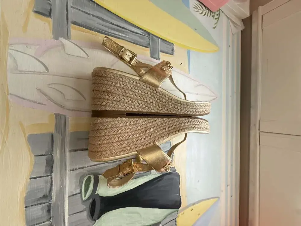 Michael Kors Roxane Metallic Gold T-Strap Espadrille Wedge Sandals